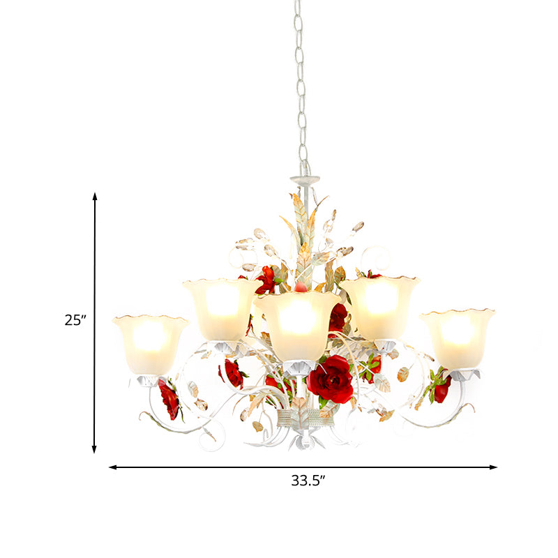 Red Rose Pendant Ceiling Light Pastoral Style White Glass 3/5/8 Heads Living Room Chandelier Lamp Clearhalo 'Ceiling Lights' 'Chandeliers' Lighting' options 729493