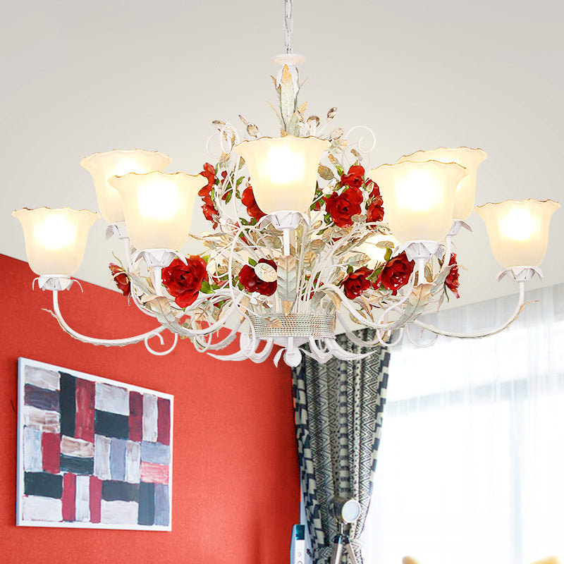 Red Rose Pendant Ceiling Light Pastoral Style White Glass 3/5/8 Heads Living Room Chandelier Lamp Clearhalo 'Ceiling Lights' 'Chandeliers' Lighting' options 729494