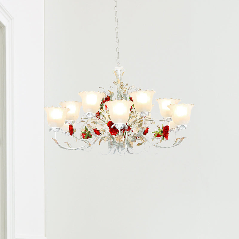 Red Rose Pendant Ceiling Light Pastoral Style White Glass 3/5/8 Heads Living Room Chandelier Lamp Clearhalo 'Ceiling Lights' 'Chandeliers' Lighting' options 729495