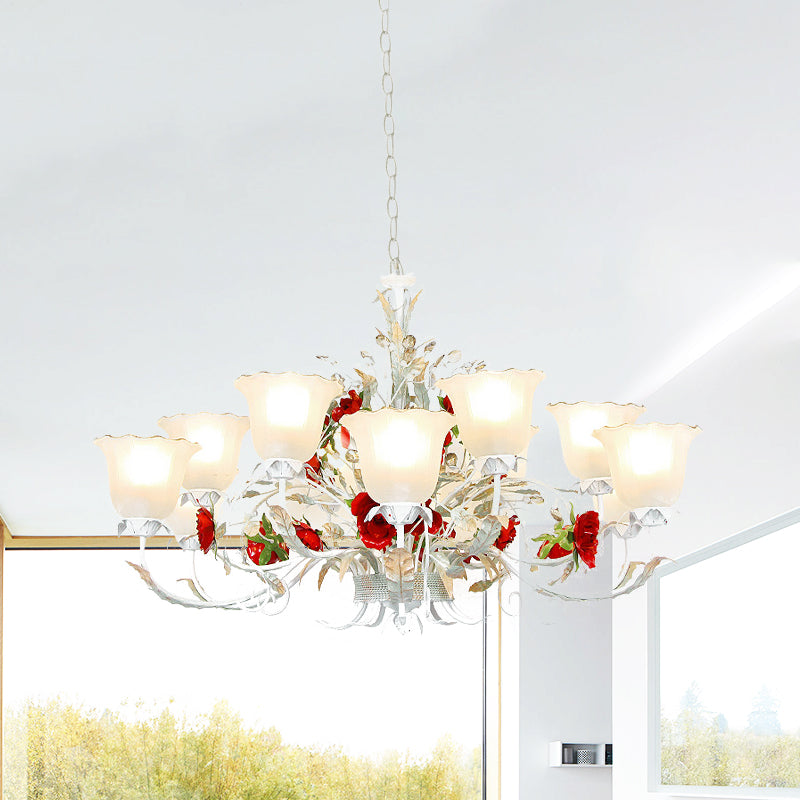 Red Rose Pendant Ceiling Light Pastoral Style White Glass 3/5/8 Heads Living Room Chandelier Lamp Clearhalo 'Ceiling Lights' 'Chandeliers' Lighting' options 729496