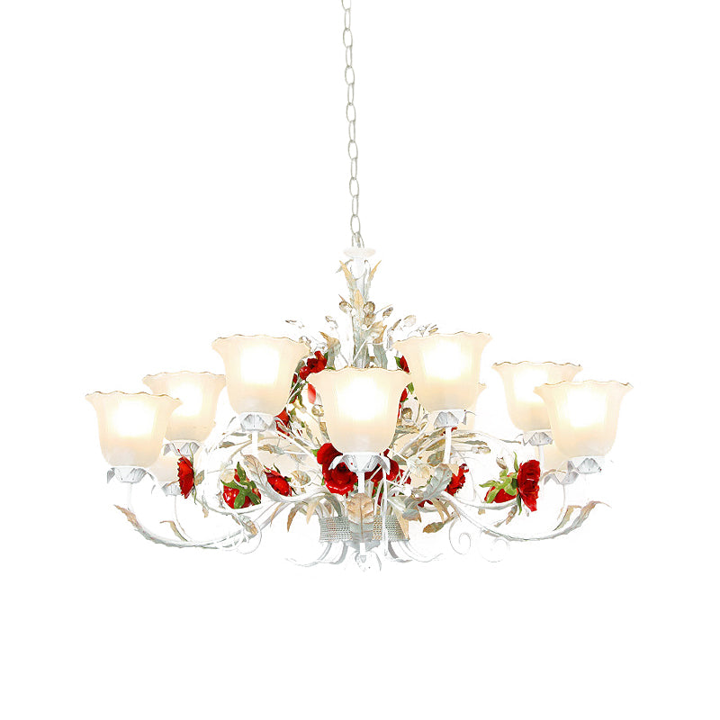 Red Rose Pendant Ceiling Light Pastoral Style White Glass 3/5/8 Heads Living Room Chandelier Lamp Clearhalo 'Ceiling Lights' 'Chandeliers' Lighting' options 729497