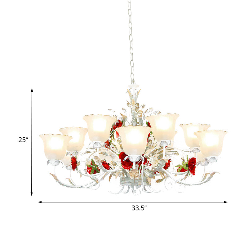 Red Rose Pendant Ceiling Light Pastoral Style White Glass 3/5/8 Heads Living Room Chandelier Lamp Clearhalo 'Ceiling Lights' 'Chandeliers' Lighting' options 729498