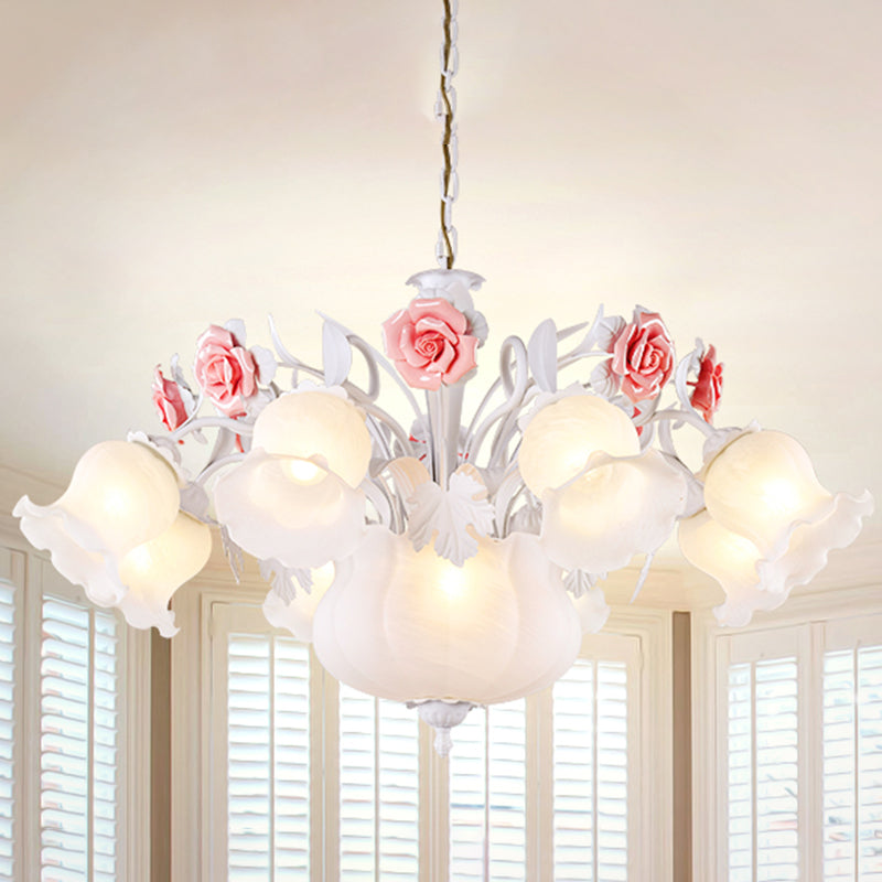 Romantic Pastoral Blossom Hanging Light 10 Lights White Glass Chandelier Lamp for Living Room Clearhalo 'Ceiling Lights' 'Chandeliers' Lighting' options 729499