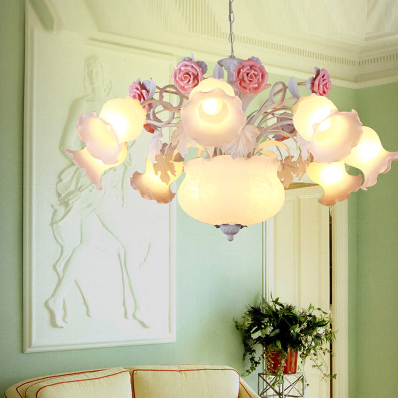 Romantic Pastoral Blossom Hanging Light 10 Lights White Glass Chandelier Lamp for Living Room Clearhalo 'Ceiling Lights' 'Chandeliers' Lighting' options 729500