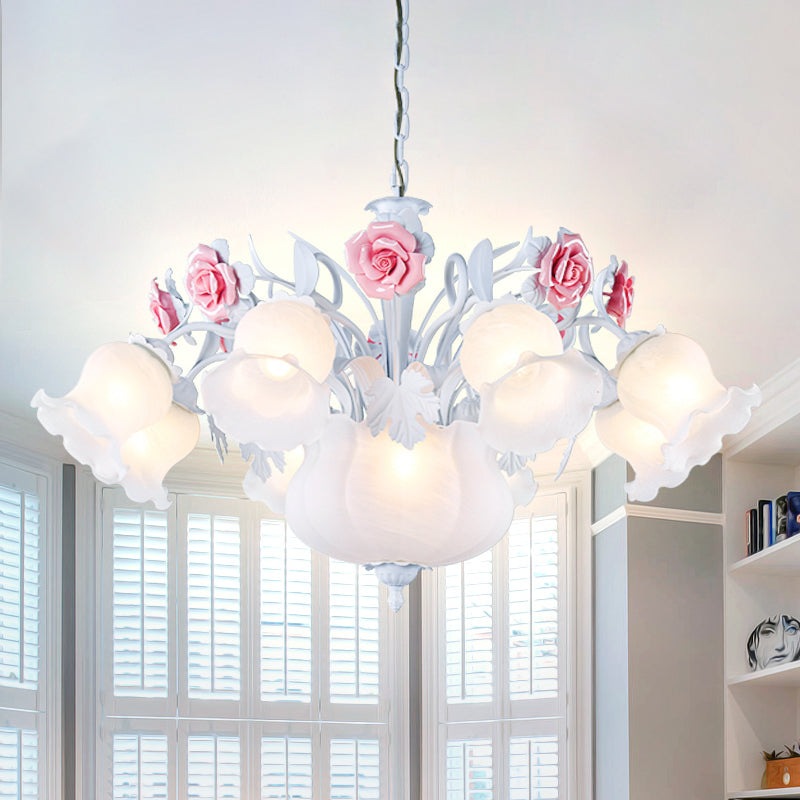 Romantic Pastoral Blossom Hanging Light 10 Lights White Glass Chandelier Lamp for Living Room Clearhalo 'Ceiling Lights' 'Chandeliers' Lighting' options 729501