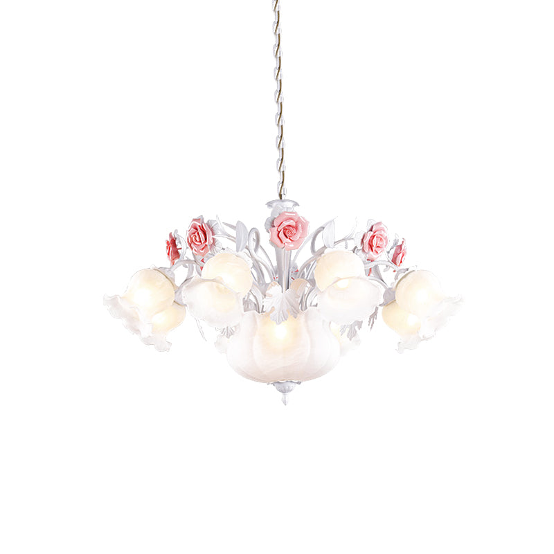 Romantic Pastoral Blossom Hanging Light 10 Lights White Glass Chandelier Lamp for Living Room Clearhalo 'Ceiling Lights' 'Chandeliers' Lighting' options 729502