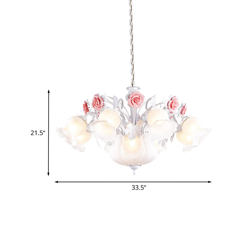 Romantic Pastoral Blossom Hanging Light 10 Lights White Glass Chandelier Lamp for Living Room Clearhalo 'Ceiling Lights' 'Chandeliers' Lighting' options 729503