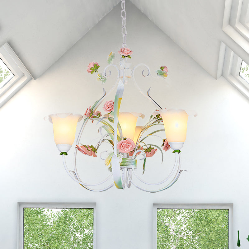 Curved Arm Kitchen Hanging Lamp Romantic Pastoral White Glass 4/7/9 Bulbs Pink Chandelier Lighting Clearhalo 'Ceiling Lights' 'Chandeliers' Lighting' options 729504