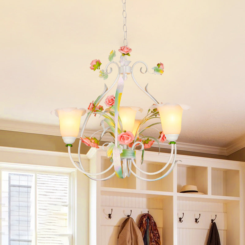 Curved Arm Kitchen Hanging Lamp Romantic Pastoral White Glass 4/7/9 Bulbs Pink Chandelier Lighting Clearhalo 'Ceiling Lights' 'Chandeliers' Lighting' options 729505