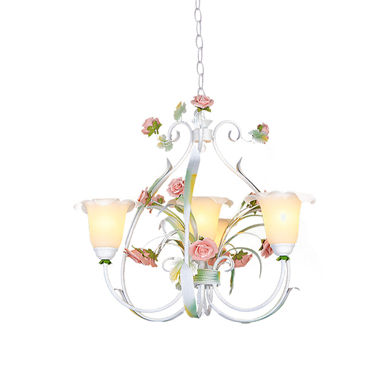 Curved Arm Kitchen Hanging Lamp Romantic Pastoral White Glass 4/7/9 Bulbs Pink Chandelier Lighting Clearhalo 'Ceiling Lights' 'Chandeliers' Lighting' options 729507