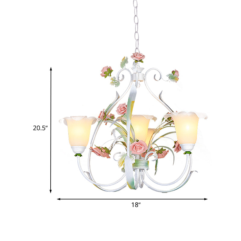 Curved Arm Kitchen Hanging Lamp Romantic Pastoral White Glass 4/7/9 Bulbs Pink Chandelier Lighting Clearhalo 'Ceiling Lights' 'Chandeliers' Lighting' options 729508