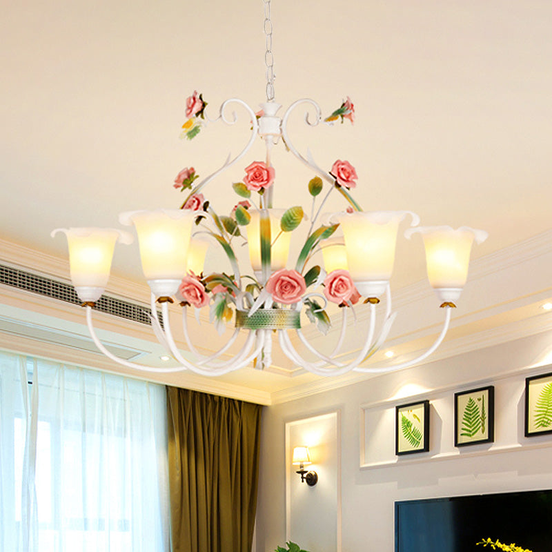 Curved Arm Kitchen Hanging Lamp Romantic Pastoral White Glass 4/7/9 Bulbs Pink Chandelier Lighting Clearhalo 'Ceiling Lights' 'Chandeliers' Lighting' options 729509