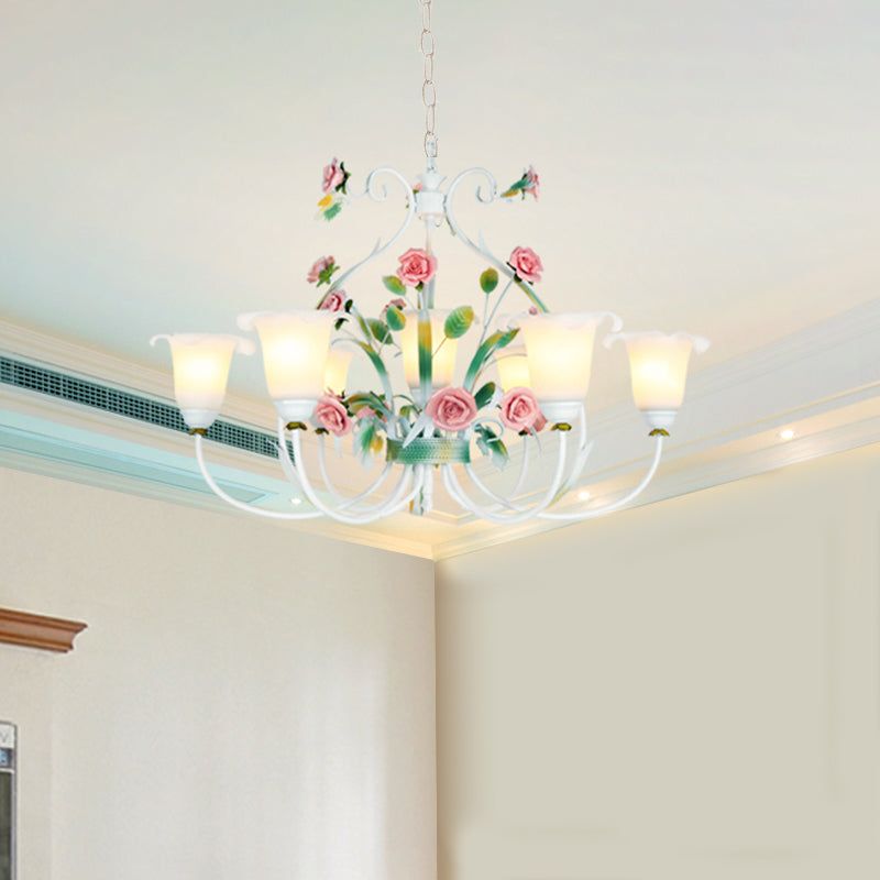 Curved Arm Kitchen Hanging Lamp Romantic Pastoral White Glass 4/7/9 Bulbs Pink Chandelier Lighting Clearhalo 'Ceiling Lights' 'Chandeliers' Lighting' options 729510