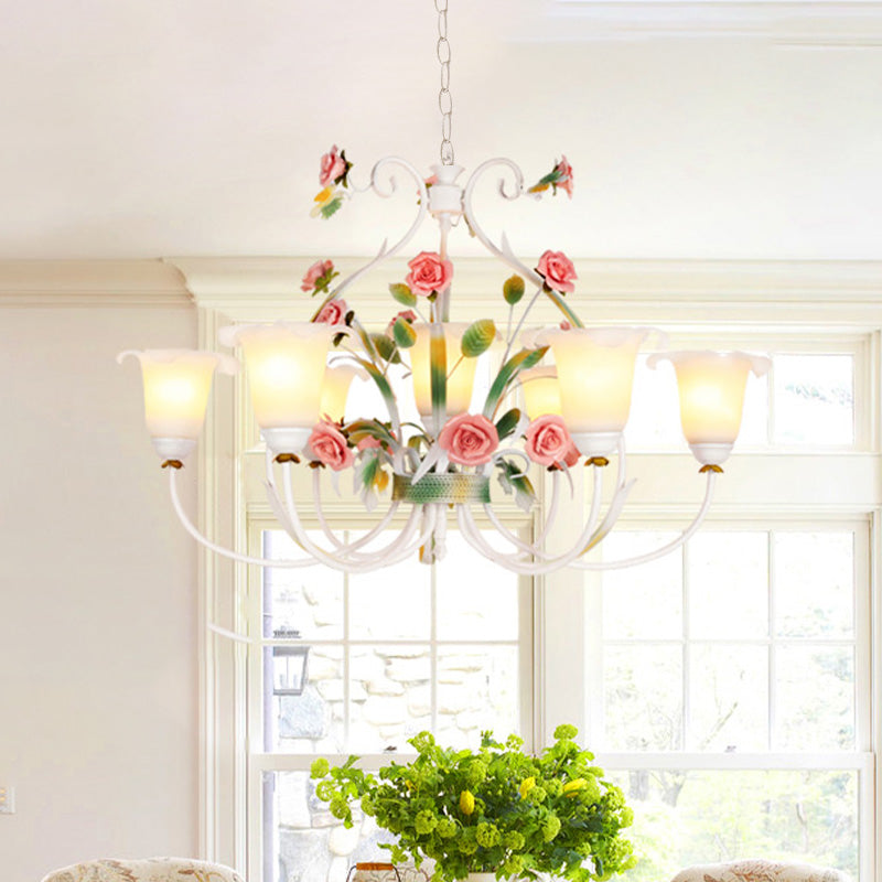 Curved Arm Kitchen Hanging Lamp Romantic Pastoral White Glass 4/7/9 Bulbs Pink Chandelier Lighting Clearhalo 'Ceiling Lights' 'Chandeliers' Lighting' options 729511