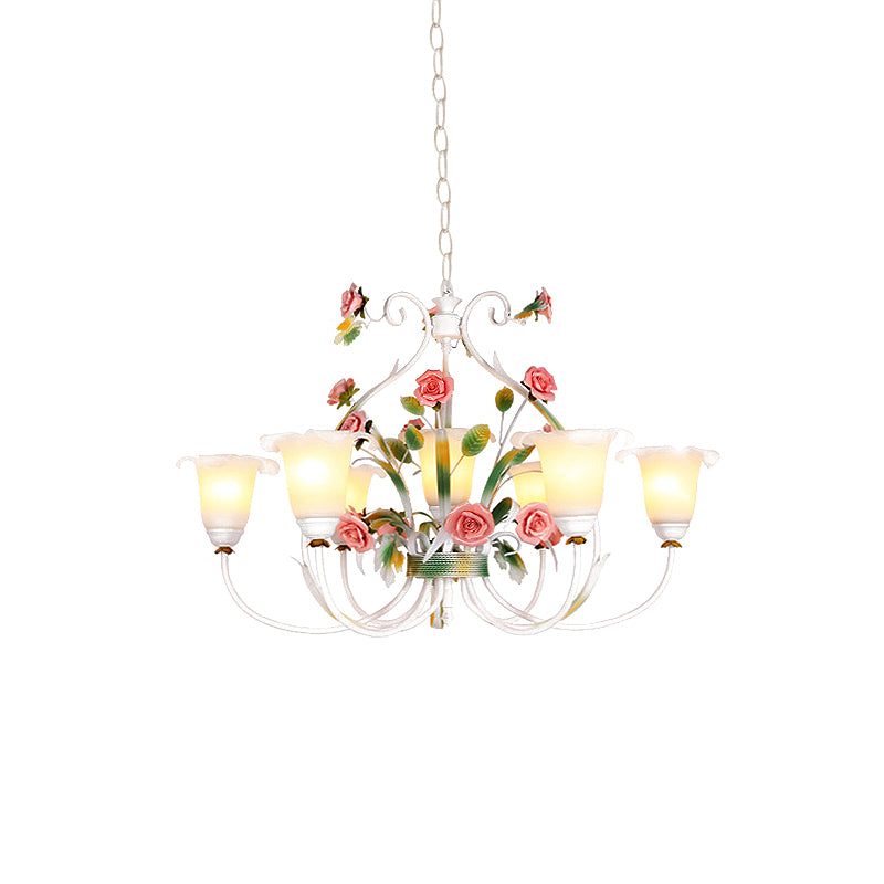 Curved Arm Kitchen Hanging Lamp Romantic Pastoral White Glass 4/7/9 Bulbs Pink Chandelier Lighting Clearhalo 'Ceiling Lights' 'Chandeliers' Lighting' options 729512