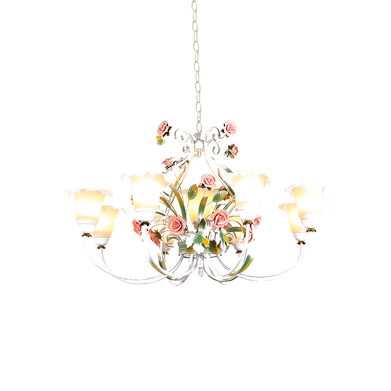 Curved Arm Kitchen Hanging Lamp Romantic Pastoral White Glass 4/7/9 Bulbs Pink Chandelier Lighting Clearhalo 'Ceiling Lights' 'Chandeliers' Lighting' options 729517