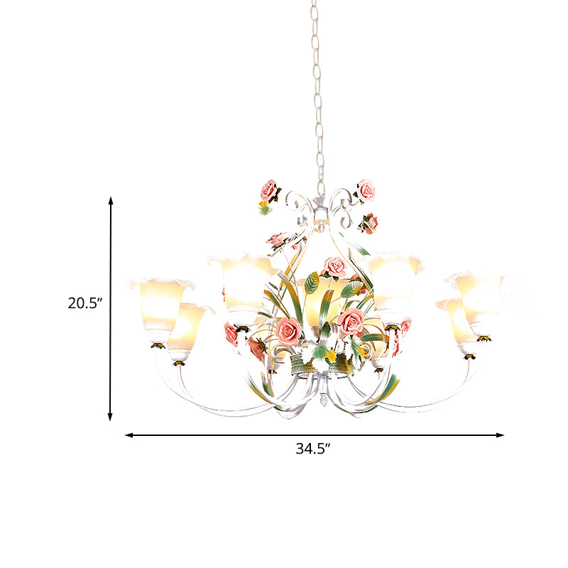 Curved Arm Kitchen Hanging Lamp Romantic Pastoral White Glass 4/7/9 Bulbs Pink Chandelier Lighting Clearhalo 'Ceiling Lights' 'Chandeliers' Lighting' options 729518