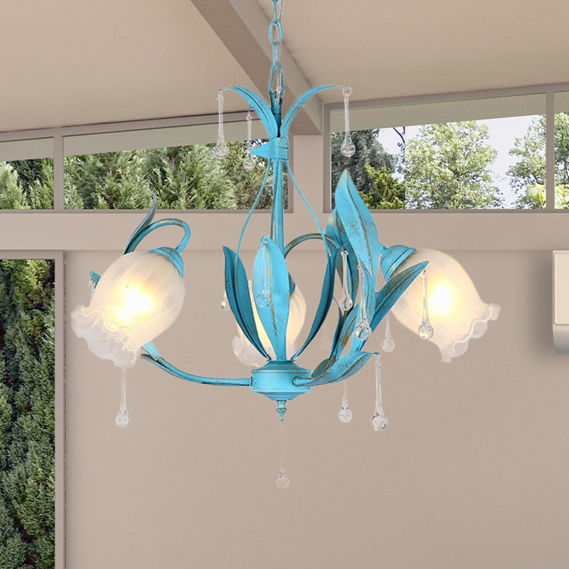 Blue Bloom Hanging Light Fixture Countryside White Prismatic Glass 3/6 Heads Restaurant Chandelier Clearhalo 'Ceiling Lights' 'Chandeliers' Lighting' options 729519