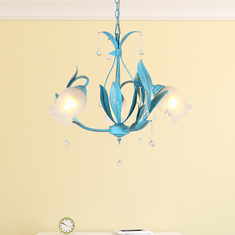 Blue Bloom Hanging Light Fixture Countryside White Prismatic Glass 3/6 Heads Restaurant Chandelier Clearhalo 'Ceiling Lights' 'Chandeliers' Lighting' options 729520