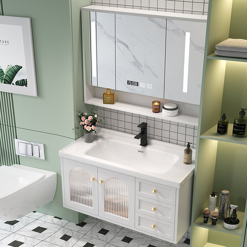Glam Vanity White Single Sink Wall Mount Wood Frame Rectangular Mirror Bath Vanity Clearhalo 'Bathroom Remodel & Bathroom Fixtures' 'Bathroom Vanities' 'bathroom_vanities' 'Home Improvement' 'home_improvement' 'home_improvement_bathroom_vanities' 7295204