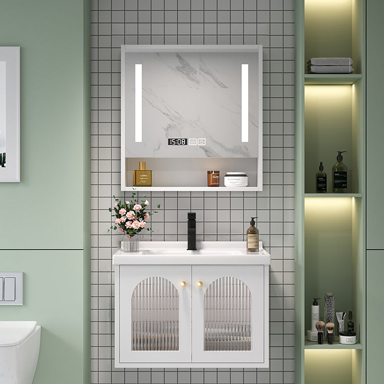 Glam Vanity White Single Sink Wall Mount Wood Frame Rectangular Mirror Bath Vanity Vanity & Faucet & Smart Medicine Cabinet Clearhalo 'Bathroom Remodel & Bathroom Fixtures' 'Bathroom Vanities' 'bathroom_vanities' 'Home Improvement' 'home_improvement' 'home_improvement_bathroom_vanities' 7295205