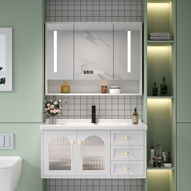 Glam Vanity White Single Sink Wall Mount Wood Frame Rectangular Mirror Bath Vanity Vanity & Faucet & Smart Medicine Cabinet Clearhalo 'Bathroom Remodel & Bathroom Fixtures' 'Bathroom Vanities' 'bathroom_vanities' 'Home Improvement' 'home_improvement' 'home_improvement_bathroom_vanities' 7295209