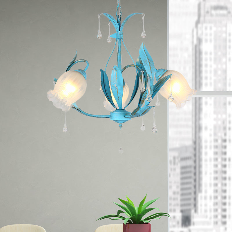 Blue Bloom Hanging Light Fixture Countryside White Prismatic Glass 3/6 Heads Restaurant Chandelier Clearhalo 'Ceiling Lights' 'Chandeliers' Lighting' options 729521