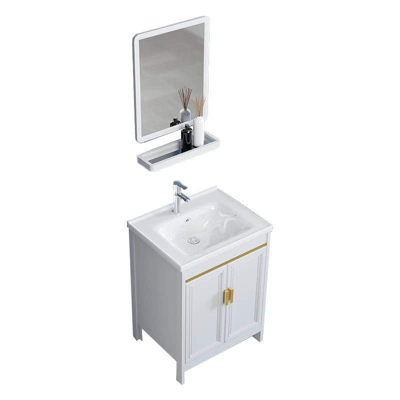 White Bathroom Vanity Metal Frame Single Sink Rectangular Freestanding Vanity with Mirror Vanity & Faucet & Mirrors 20"L x 14"W x 32"H Clearhalo 'Bathroom Remodel & Bathroom Fixtures' 'Bathroom Vanities' 'bathroom_vanities' 'Home Improvement' 'home_improvement' 'home_improvement_bathroom_vanities' 7295234