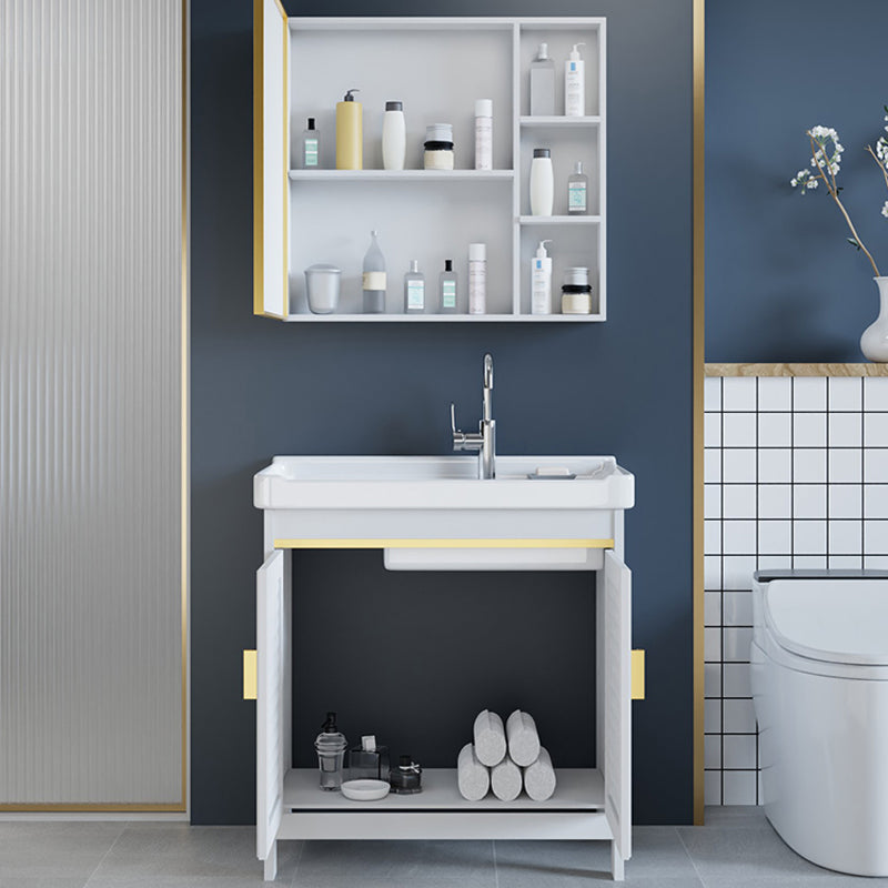 White Bathroom Vanity Metal Frame Single Sink Rectangular Freestanding Vanity with Mirror Clearhalo 'Bathroom Remodel & Bathroom Fixtures' 'Bathroom Vanities' 'bathroom_vanities' 'Home Improvement' 'home_improvement' 'home_improvement_bathroom_vanities' 7295235