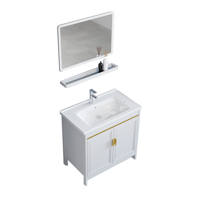 White Bathroom Vanity Metal Frame Single Sink Rectangular Freestanding Vanity with Mirror Vanity & Faucet & Mirrors Clearhalo 'Bathroom Remodel & Bathroom Fixtures' 'Bathroom Vanities' 'bathroom_vanities' 'Home Improvement' 'home_improvement' 'home_improvement_bathroom_vanities' 7295236