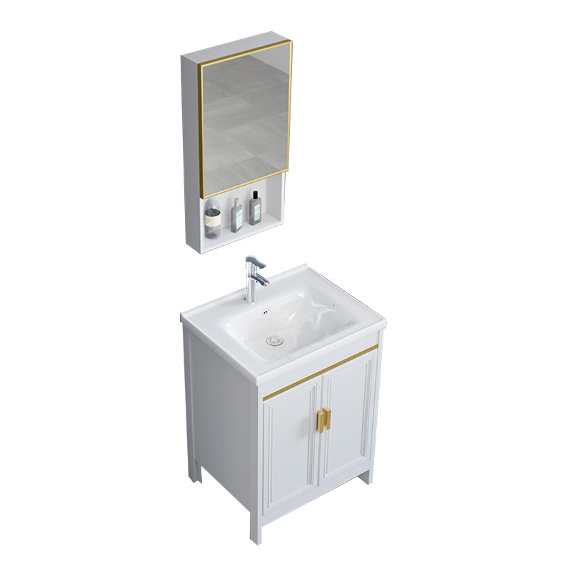 White Bathroom Vanity Metal Frame Single Sink Rectangular Freestanding Vanity with Mirror Vanity & Faucet & Mirror Cabinet 20"L x 14"W x 32"H Clearhalo 'Bathroom Remodel & Bathroom Fixtures' 'Bathroom Vanities' 'bathroom_vanities' 'Home Improvement' 'home_improvement' 'home_improvement_bathroom_vanities' 7295239