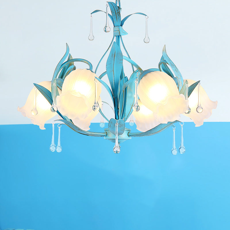 Blue Bloom Hanging Light Fixture Countryside White Prismatic Glass 3/6 Heads Restaurant Chandelier Clearhalo 'Ceiling Lights' 'Chandeliers' Lighting' options 729524