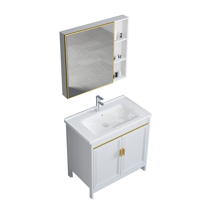 White Bathroom Vanity Metal Frame Single Sink Rectangular Freestanding Vanity with Mirror Vanity & Faucet & Mirror Cabinet Clearhalo 'Bathroom Remodel & Bathroom Fixtures' 'Bathroom Vanities' 'bathroom_vanities' 'Home Improvement' 'home_improvement' 'home_improvement_bathroom_vanities' 7295242