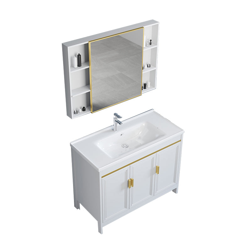White Bathroom Vanity Metal Frame Single Sink Rectangular Freestanding Vanity with Mirror Vanity & Faucet & Mirror Cabinet Clearhalo 'Bathroom Remodel & Bathroom Fixtures' 'Bathroom Vanities' 'bathroom_vanities' 'Home Improvement' 'home_improvement' 'home_improvement_bathroom_vanities' 7295244