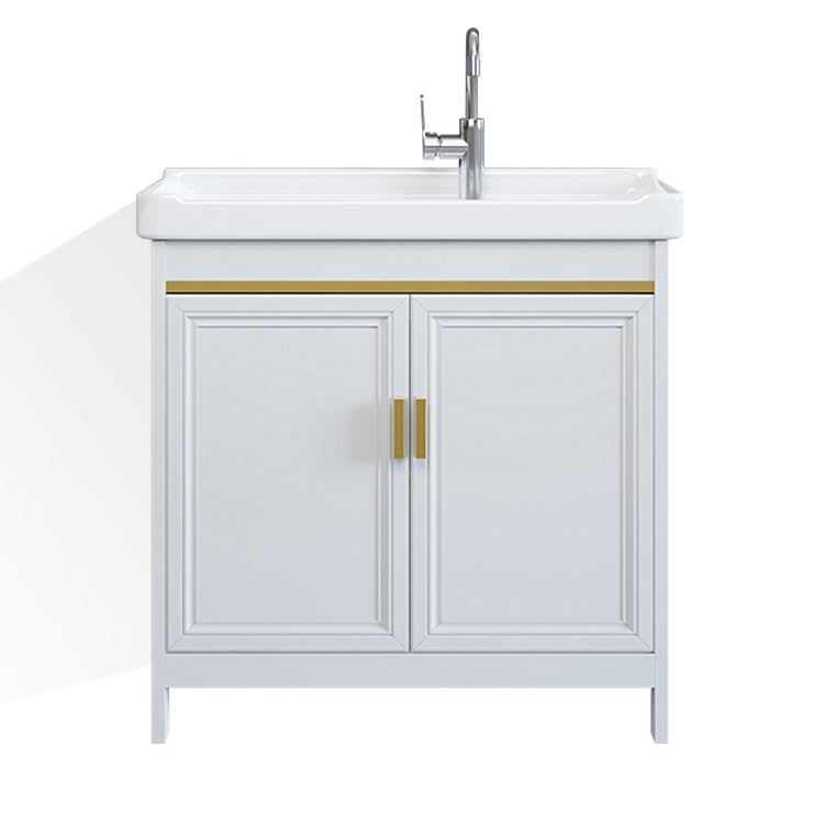White Bathroom Vanity Metal Frame Single Sink Rectangular Freestanding Vanity with Mirror Clearhalo 'Bathroom Remodel & Bathroom Fixtures' 'Bathroom Vanities' 'bathroom_vanities' 'Home Improvement' 'home_improvement' 'home_improvement_bathroom_vanities' 7295248