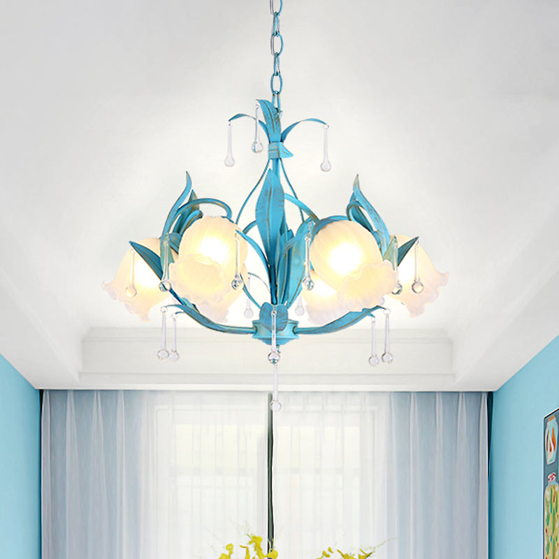 Blue Bloom Hanging Light Fixture Countryside White Prismatic Glass 3/6 Heads Restaurant Chandelier Clearhalo 'Ceiling Lights' 'Chandeliers' Lighting' options 729525