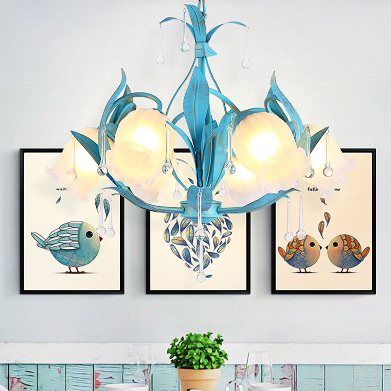 Blue Bloom Hanging Light Fixture Countryside White Prismatic Glass 3/6 Heads Restaurant Chandelier Clearhalo 'Ceiling Lights' 'Chandeliers' Lighting' options 729526