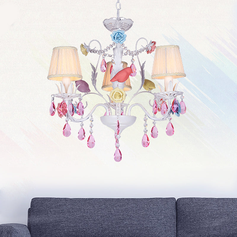 Fabric White Suspension Light Pleated Shade 3/8 Lights Korean Garden Pendant Chandelier with Pink Crystal Clearhalo 'Ceiling Lights' 'Chandeliers' Lighting' options 729529