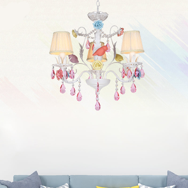 Fabric White Suspension Light Pleated Shade 3/8 Lights Korean Garden Pendant Chandelier with Pink Crystal Clearhalo 'Ceiling Lights' 'Chandeliers' Lighting' options 729530