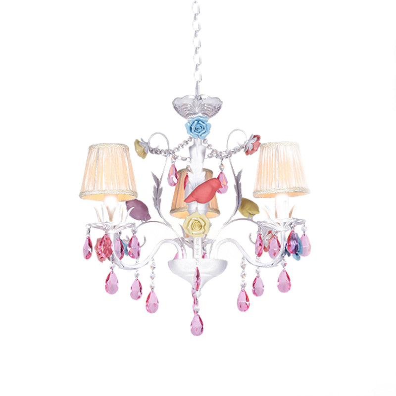 Fabric White Suspension Light Pleated Shade 3/8 Lights Korean Garden Pendant Chandelier with Pink Crystal Clearhalo 'Ceiling Lights' 'Chandeliers' Lighting' options 729531