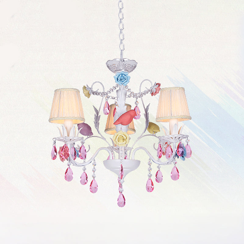 Fabric White Suspension Light Pleated Shade 3/8 Lights Korean Garden Pendant Chandelier with Pink Crystal Clearhalo 'Ceiling Lights' 'Chandeliers' Lighting' options 729532