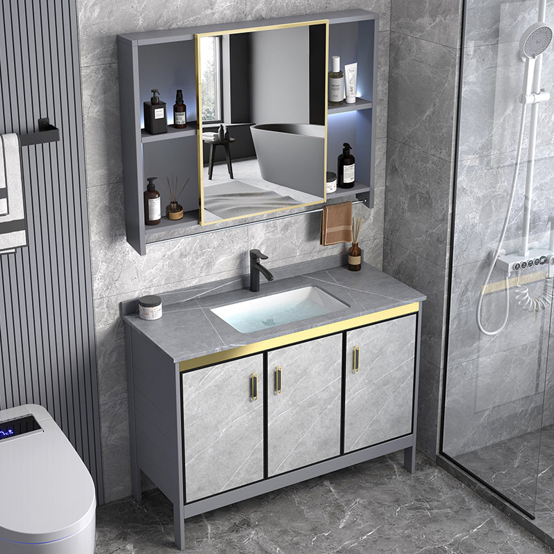 Metal Frame Vanity Grey Single Sink Rectangular Freestanding Mirror Vanity with Doors Clearhalo 'Bathroom Remodel & Bathroom Fixtures' 'Bathroom Vanities' 'bathroom_vanities' 'Home Improvement' 'home_improvement' 'home_improvement_bathroom_vanities' 7295325