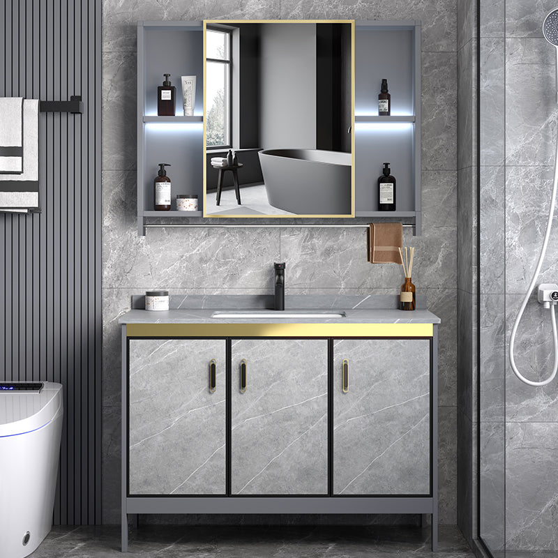 Metal Frame Vanity Grey Single Sink Rectangular Freestanding Mirror Vanity with Doors Clearhalo 'Bathroom Remodel & Bathroom Fixtures' 'Bathroom Vanities' 'bathroom_vanities' 'Home Improvement' 'home_improvement' 'home_improvement_bathroom_vanities' 7295327