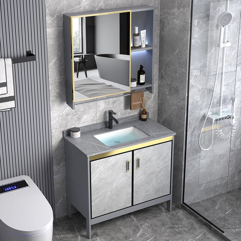 Metal Frame Vanity Grey Single Sink Rectangular Freestanding Mirror Vanity with Doors Clearhalo 'Bathroom Remodel & Bathroom Fixtures' 'Bathroom Vanities' 'bathroom_vanities' 'Home Improvement' 'home_improvement' 'home_improvement_bathroom_vanities' 7295329