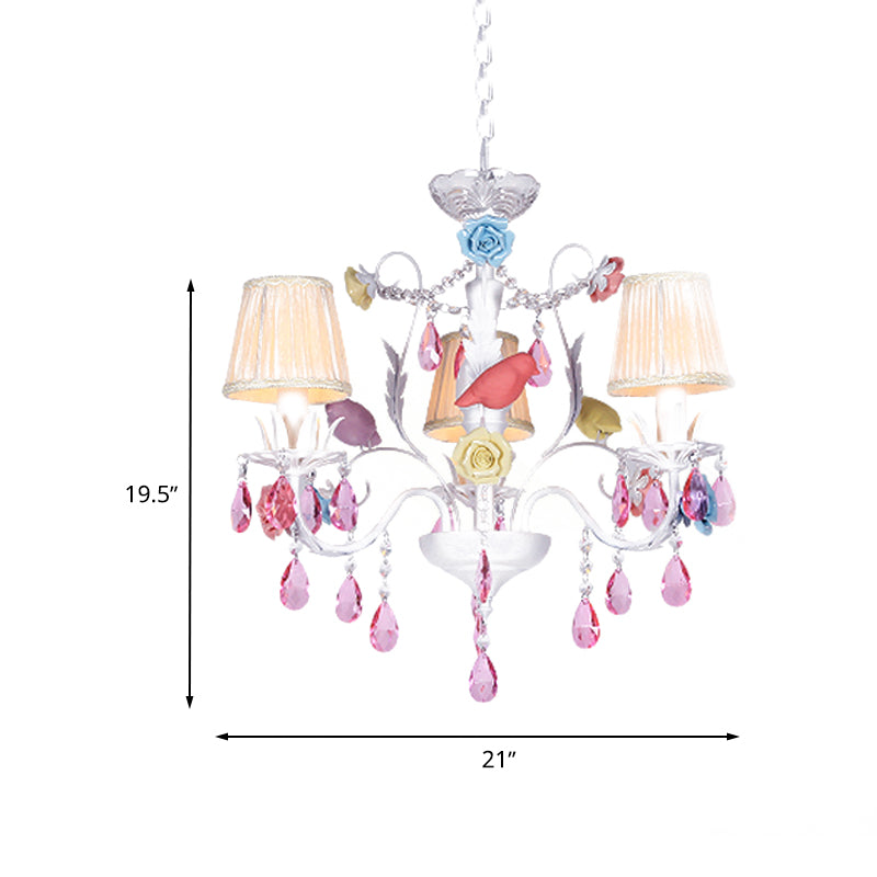 Fabric White Suspension Light Pleated Shade 3/8 Lights Korean Garden Pendant Chandelier with Pink Crystal Clearhalo 'Ceiling Lights' 'Chandeliers' Lighting' options 729533