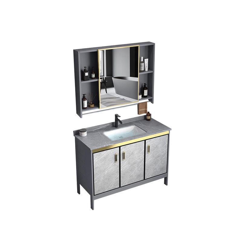 Metal Frame Vanity Grey Single Sink Rectangular Freestanding Mirror Vanity with Doors Vanity & Faucet & Mirror Cabinet Stone Clearhalo 'Bathroom Remodel & Bathroom Fixtures' 'Bathroom Vanities' 'bathroom_vanities' 'Home Improvement' 'home_improvement' 'home_improvement_bathroom_vanities' 7295340