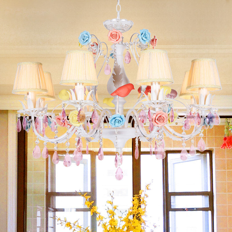 Fabric White Suspension Light Pleated Shade 3/8 Lights Korean Garden Pendant Chandelier with Pink Crystal 8 White Clearhalo 'Ceiling Lights' 'Chandeliers' Lighting' options 729534_c362104e-1dd3-4cc0-85be-1f47674d4b3d