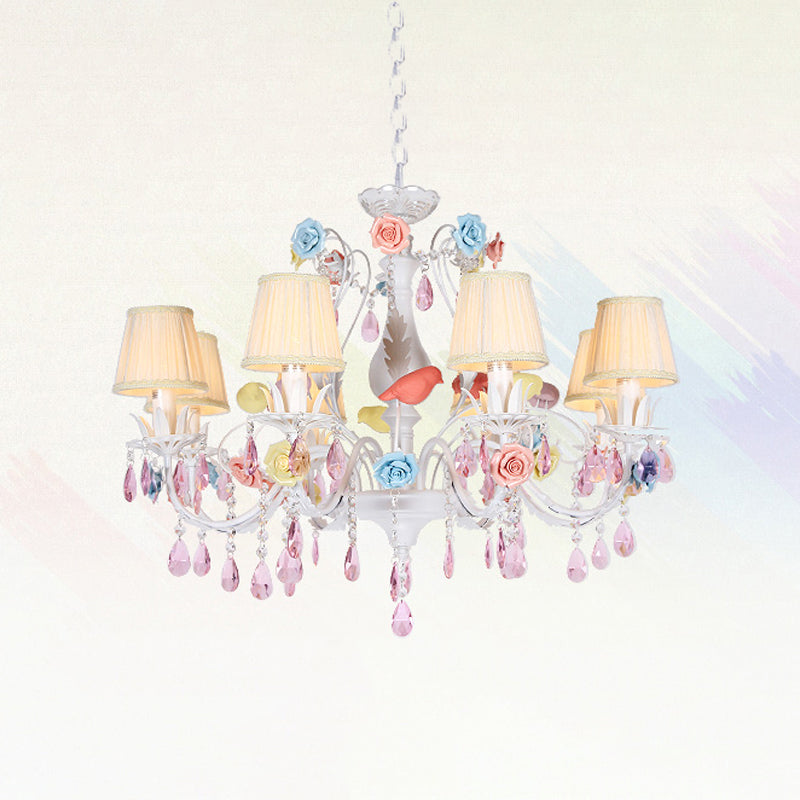 Fabric White Suspension Light Pleated Shade 3/8 Lights Korean Garden Pendant Chandelier with Pink Crystal Clearhalo 'Ceiling Lights' 'Chandeliers' Lighting' options 729535