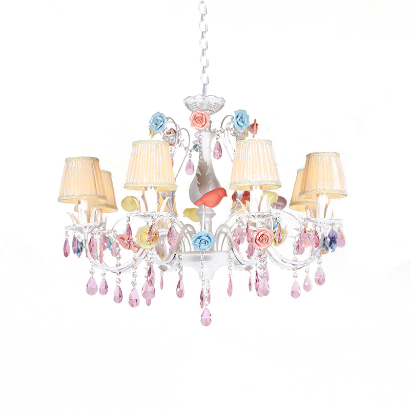 Fabric White Suspension Light Pleated Shade 3/8 Lights Korean Garden Pendant Chandelier with Pink Crystal Clearhalo 'Ceiling Lights' 'Chandeliers' Lighting' options 729536