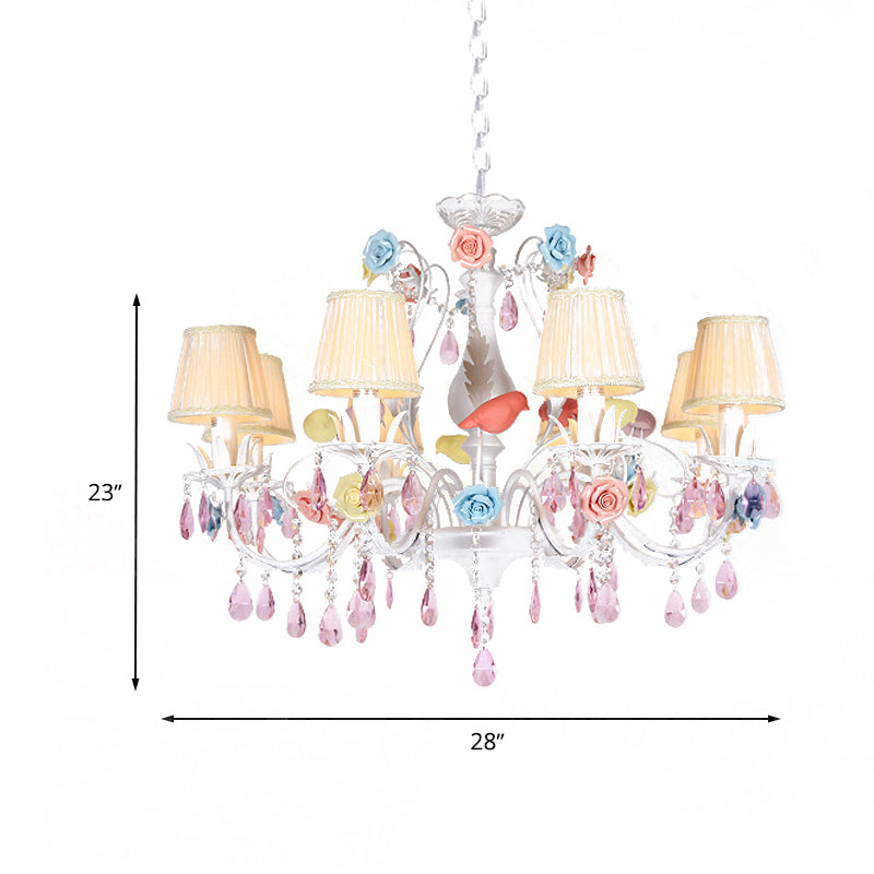 Fabric White Suspension Light Pleated Shade 3/8 Lights Korean Garden Pendant Chandelier with Pink Crystal Clearhalo 'Ceiling Lights' 'Chandeliers' Lighting' options 729537